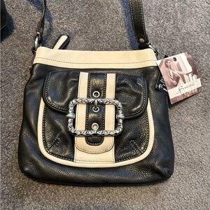 B. Makowsky Black and Cream Crossbody Bag with Silver Buckle